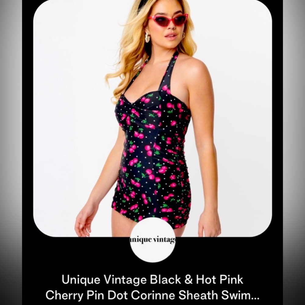 Unique Vintage Black & Hot Pink Cherry Pin Dot Corinne Sheath Swimsuit